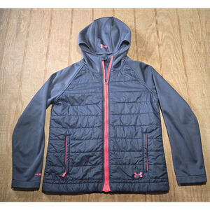 Under Armour Storm Girls Jacket Large L Youth Gray Pink Hooded Puffer